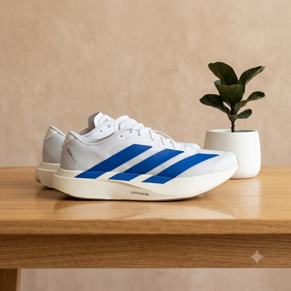 NWT Adidas Men's Adizero Evo SL M FTWR white Team Royal Blue/Pure Ruby 8 US